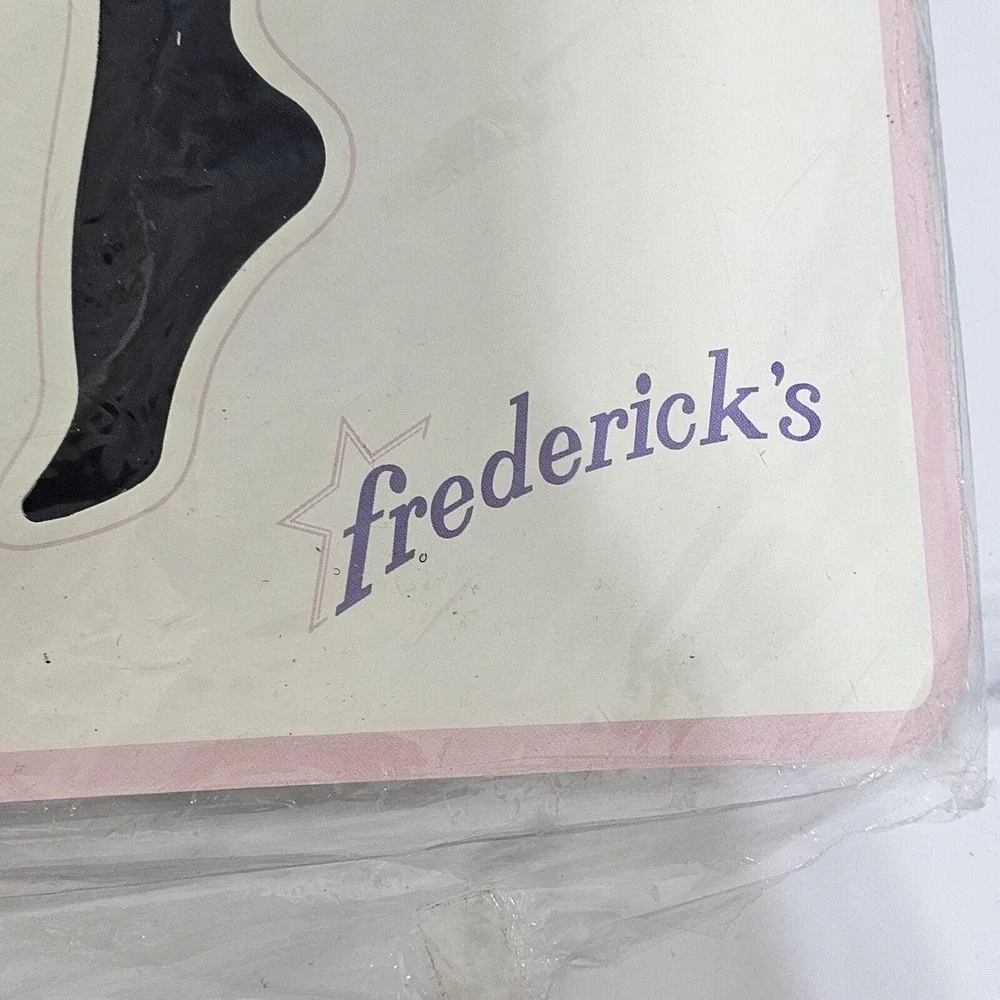 Vintage Fredericks Hollywood Dot Ruffle Top Thigh Highs Black Nylon M USA‎ NOS